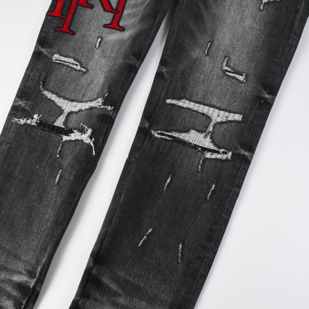 Amr Staggered Red Logo Jeans