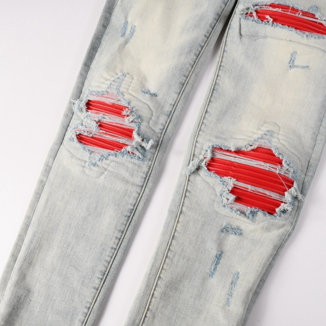 Amr Red Patch Ripped Jeans