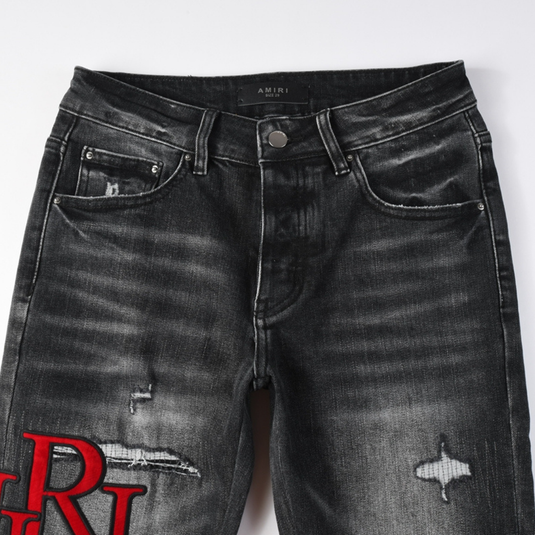 Amr Staggered Red Logo Jeans